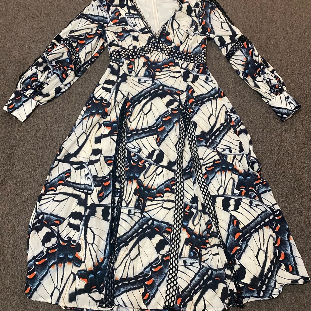 Karen Millen Black and White Butterfly Print Long Sleeve Dress